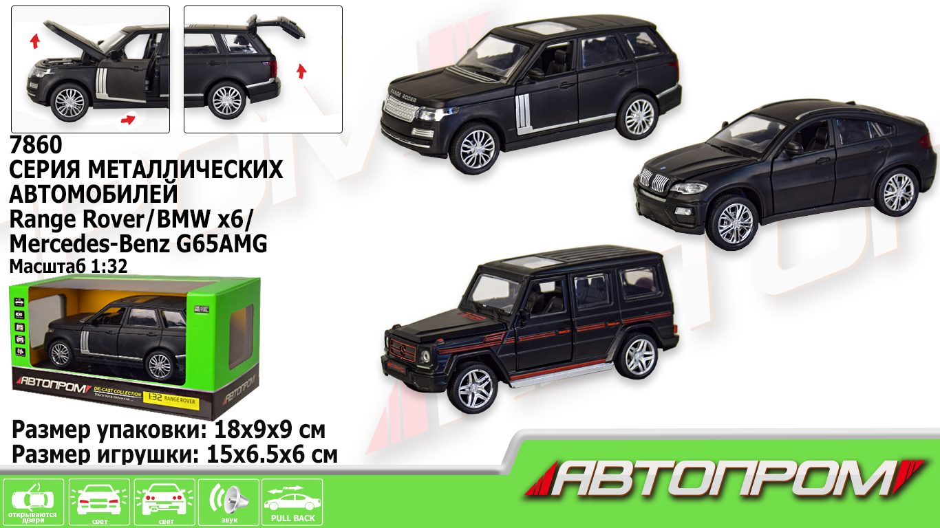 Машина металл 7860 (48шт/2),1:32-36,3 вида, батар.,свет,звук,откр.двери,капот., в кор. 18(КИ)