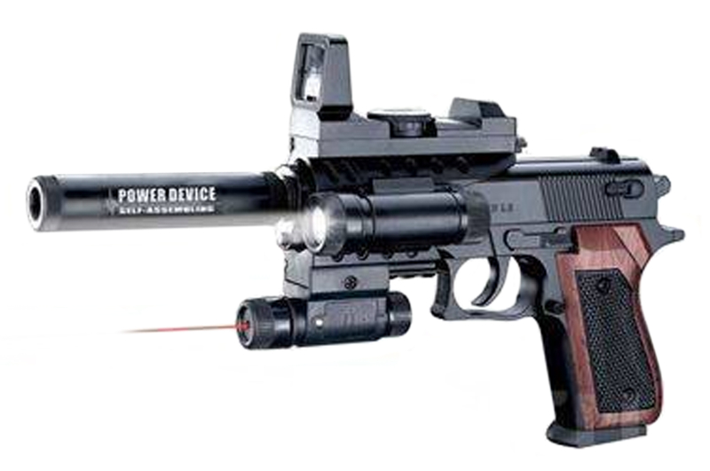 Пістолет на пульках, з лазером і глушником, в коробці SP-3A	(Мас)
