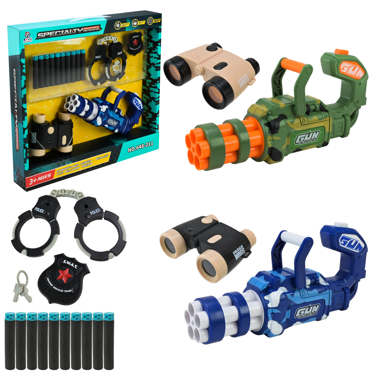 Ігровий набір арт. 648-211 (24шт)  2кольора, зброя,бінокль,наручники,знаряди, короб. 38*5,5*35см(КІ)