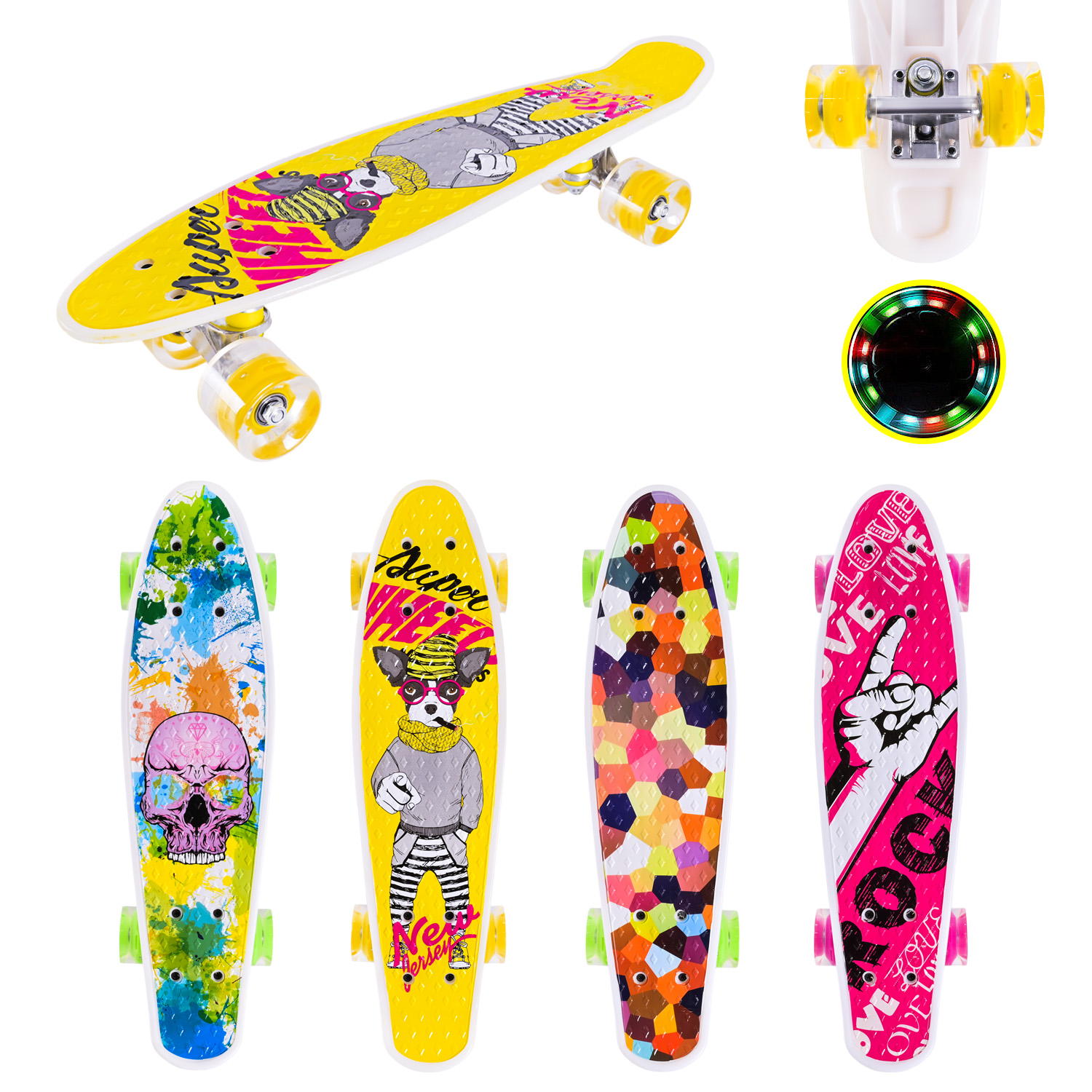 Пенні борд арт. SC25144 (8шт) 55*14,5 см колеса PU свiтяться,  4 види, у плівці(КІ)