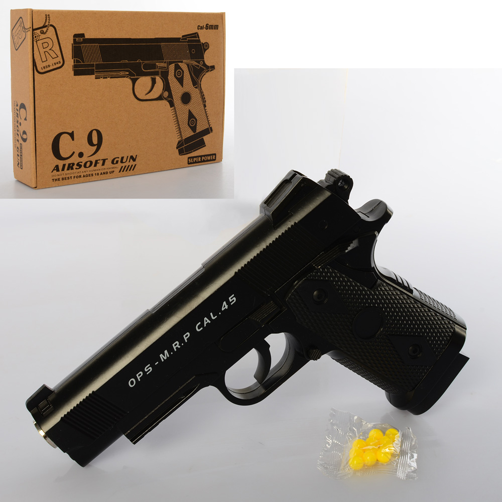 Пістолет C9 (18шт) метал, на кульках, 16см, в кор-ці, 21-15-4,5см		