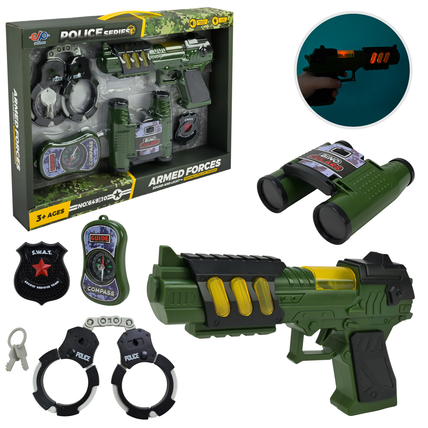 Військовий набір арт. 649-10 (36шт/2) пістолет, рація, наручники у короб.,37*27,5*5см(КІ)