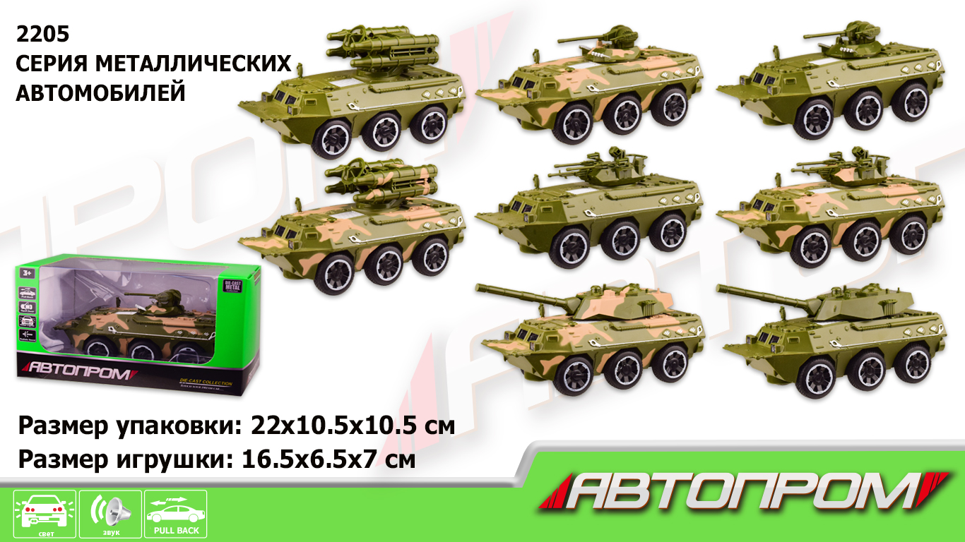 Военная техника метал 2205 (48шт/2),4 вида по 2 цвета,свет,звук, в коробке 22*10,5*10,5см(КИ)